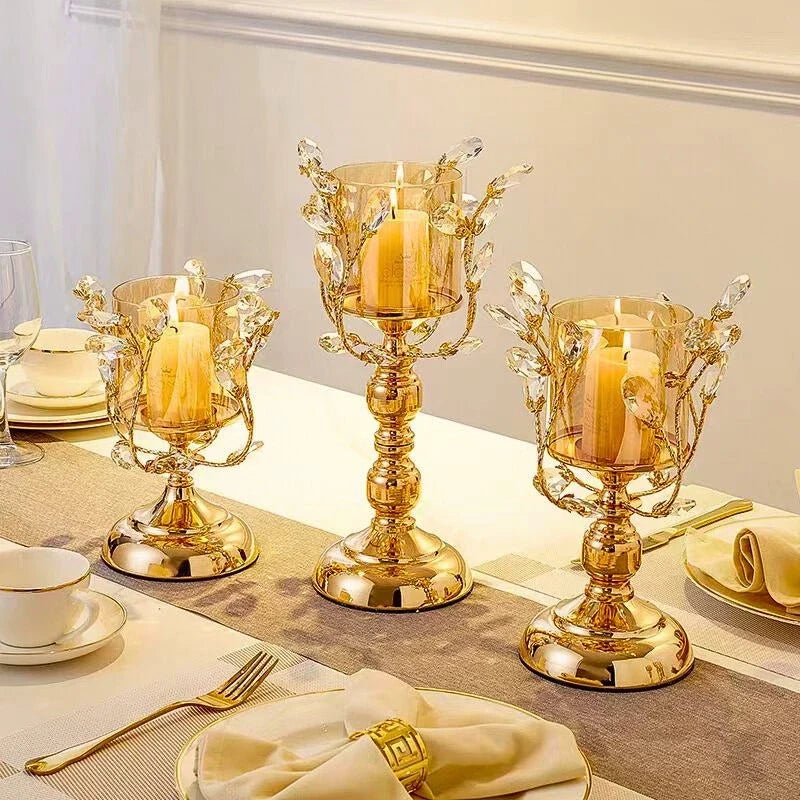 Crystal Glass Candle Holder, Iron Base | Petal-Shaped Faceted Design | Reflects Candlelight for Sculptural Table Decor