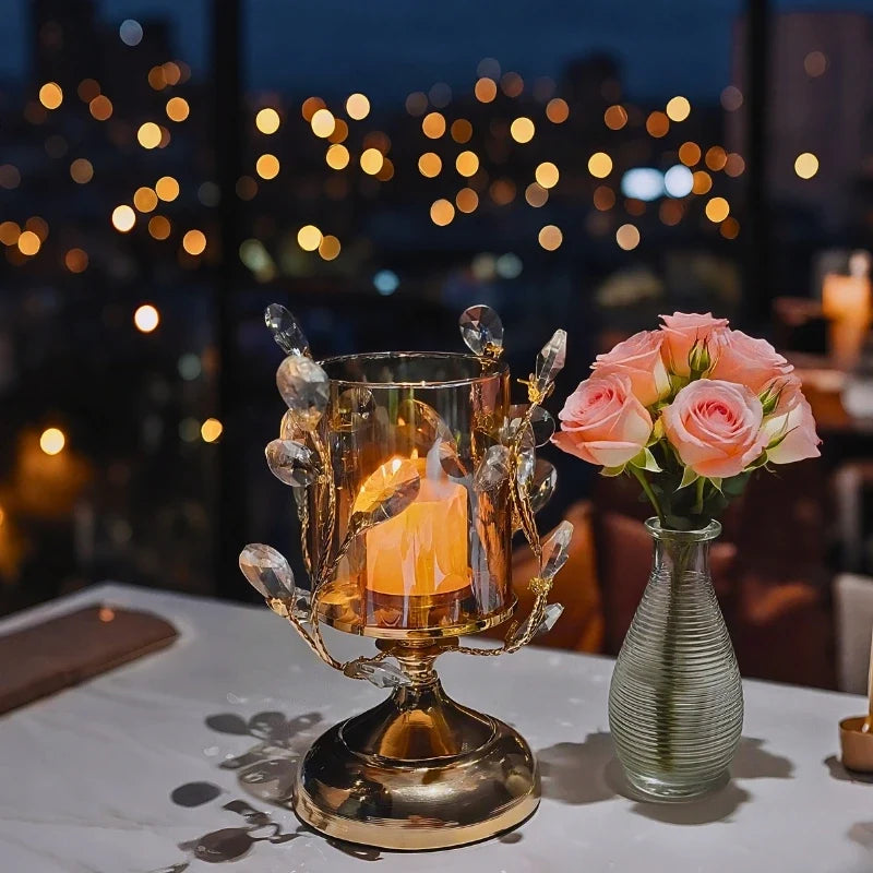 Crystal Glass Candle Holder, Iron Base | Petal-Shaped Faceted Design | Reflects Candlelight for Sculptural Table Decor