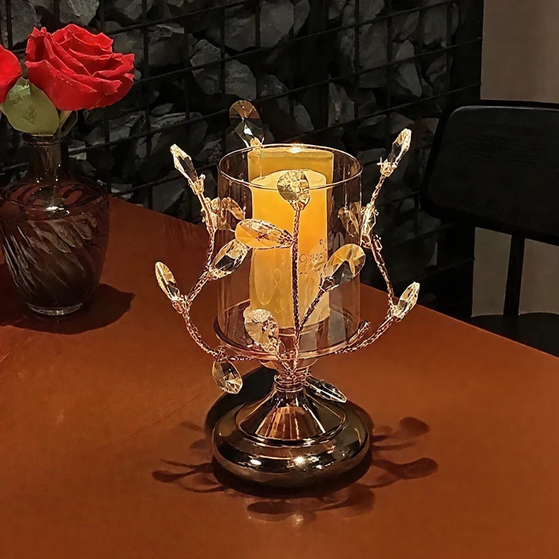 Crystal Glass Candle Holder, Iron Base | Petal-Shaped Faceted Design | Reflects Candlelight for Sculptural Table Decor