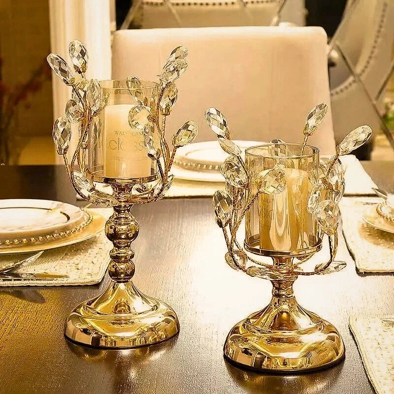 Crystal Glass Candle Holder, Iron Base | Petal-Shaped Faceted Design | Reflects Candlelight for Sculptural Table Decor
