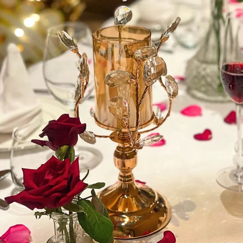 Crystal Glass Candle Holder, Iron Base | Petal-Shaped Faceted Design | Reflects Candlelight for Sculptural Table Decor