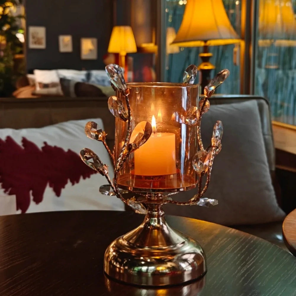 Crystal Glass Candle Holder, Iron Base | Petal-Shaped Faceted Design | Reflects Candlelight for Sculptural Table Decor