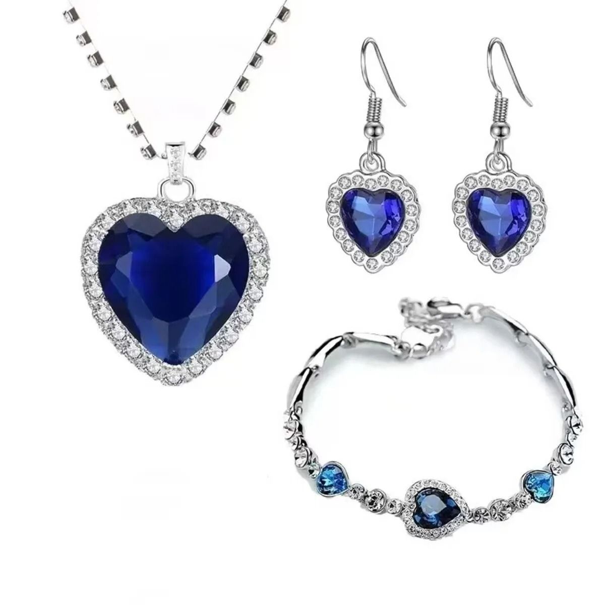 Crystal Heart Pendant Necklace | Navy Blue Centre Stone with Clear Crystal Halo | Comes with Velvet Gift Pouch