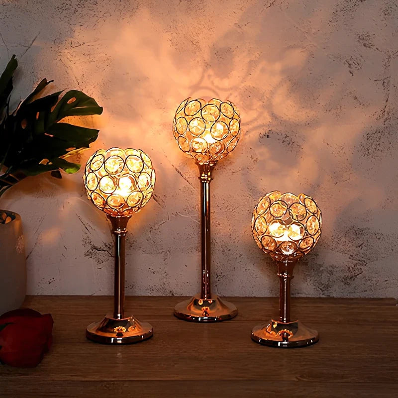 Crystal Sphere Candle Holder | Glass and Iron, Gold or Silver | Faceted Beads Reflect Candlelight, 3 Sizes or Set of 3 5