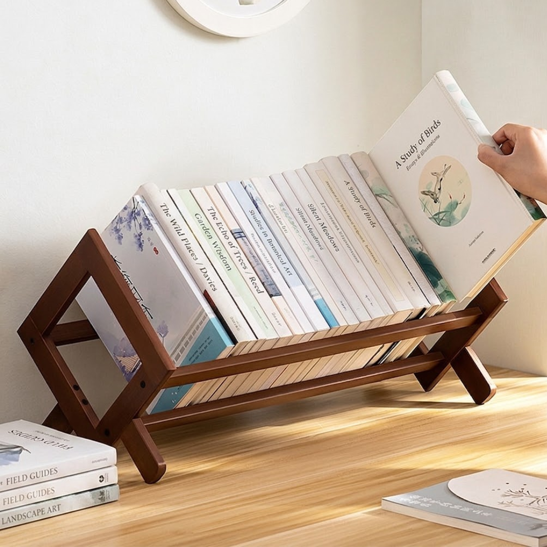 Desk Bookshelf Organizer | Open Slat Cradle On An X-Frame