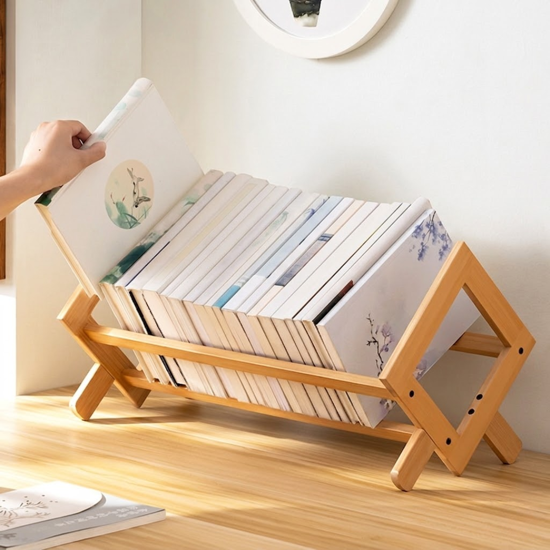 Desk Bookshelf Organizer | Open Slat Cradle On An X-Frame