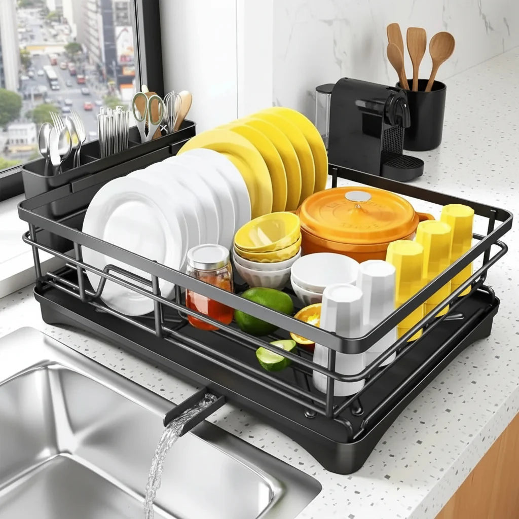 Dish Rack | Metal Draining Rack with Swivel Spout & Cutlery Holder