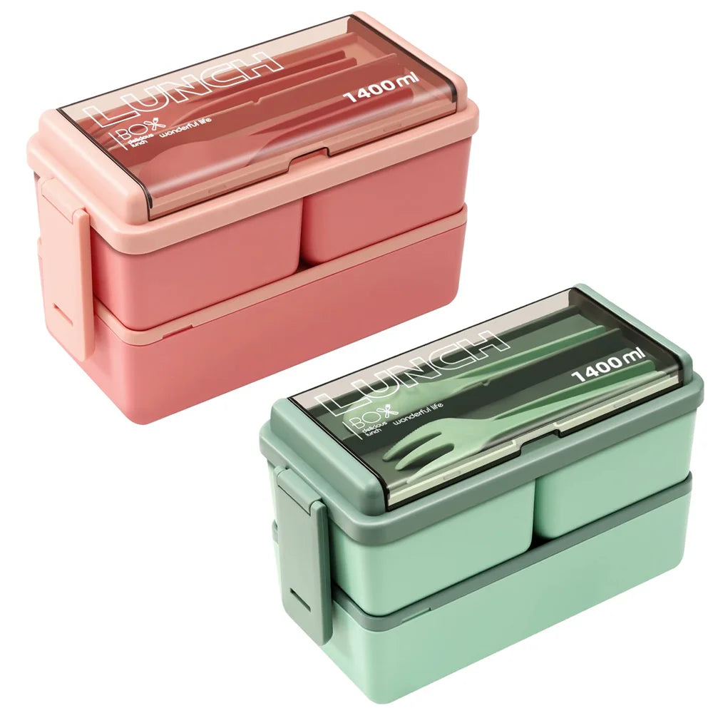 Double Layer Bento Box | 1400ml Portable Lunch Box with Fork & Spoon