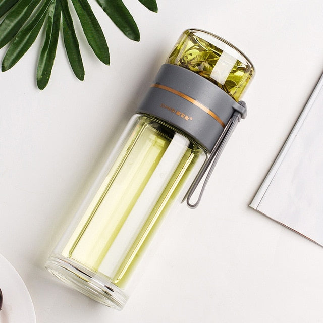 Double Layer Glass Water Bottle | Lift-Out Infuser Basket