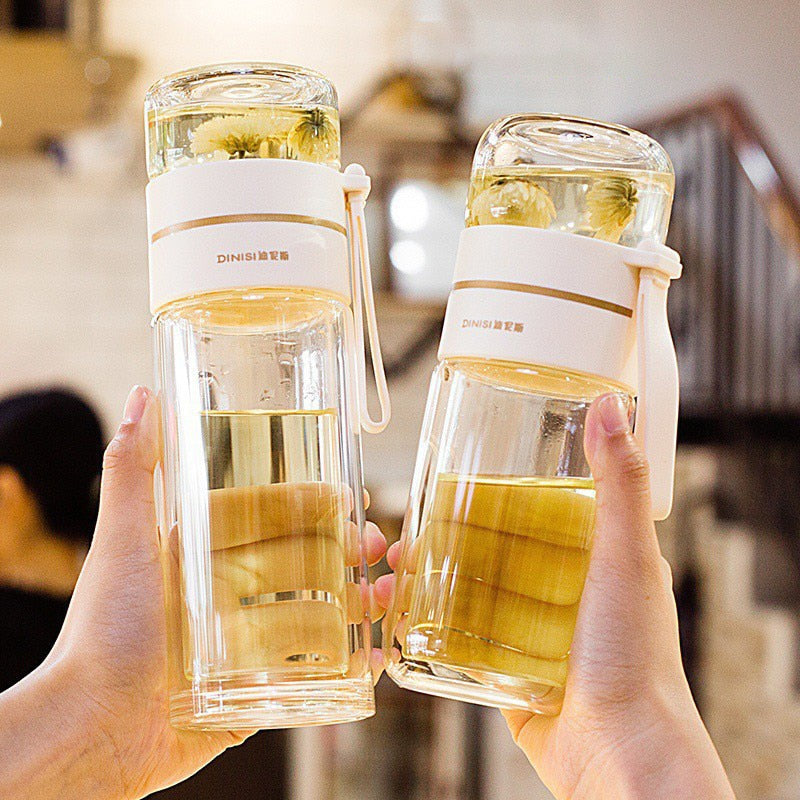 Double Layer Glass Water Bottle | Lift-Out Infuser Basket