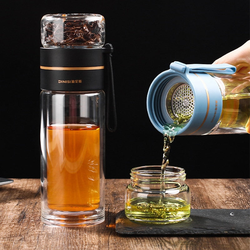 Double Layer Glass Water Bottle | Lift-Out Infuser Basket