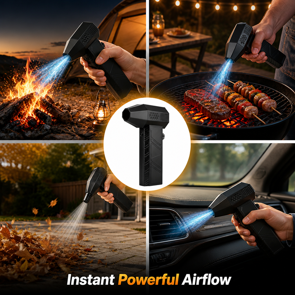 Electric Fire Blower | Adjustable Turbo Airflow, Rechargeable Battery | Heat-Resistant ABS Aluminium Build for Camping
