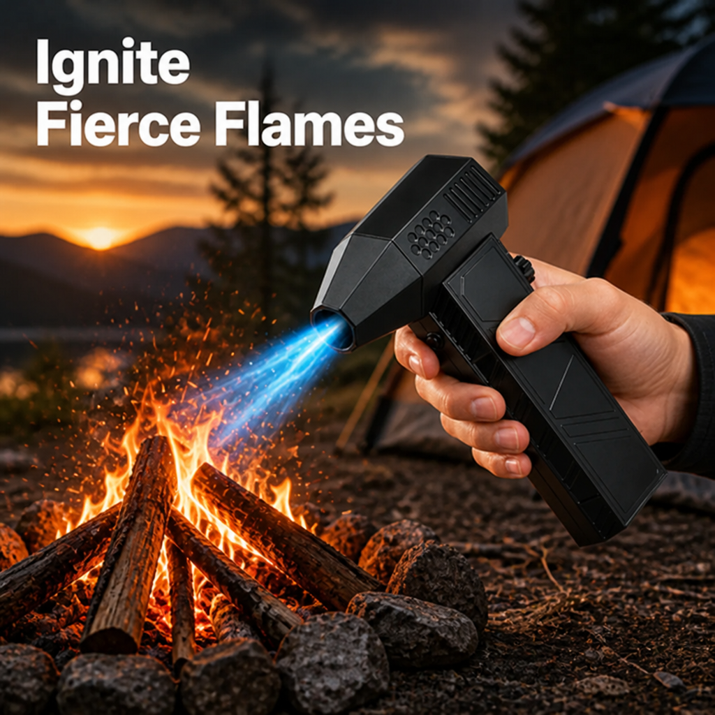Electric Fire Blower | Adjustable Turbo Airflow, Rechargeable Battery | Heat-Resistant ABS Aluminium Build for Camping