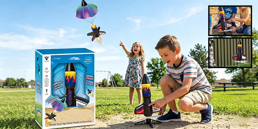 Electric Spinner Rocket Launcher Toy for Kids | USB Rechargeable Battery | LED Night Flight, Soft-Landing Design