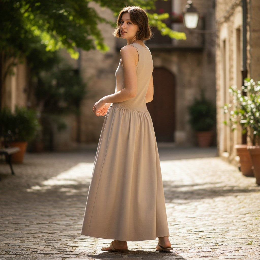 ElegantWear | Women's Midi Dress - Sleeveless A-Line with Defined Waist