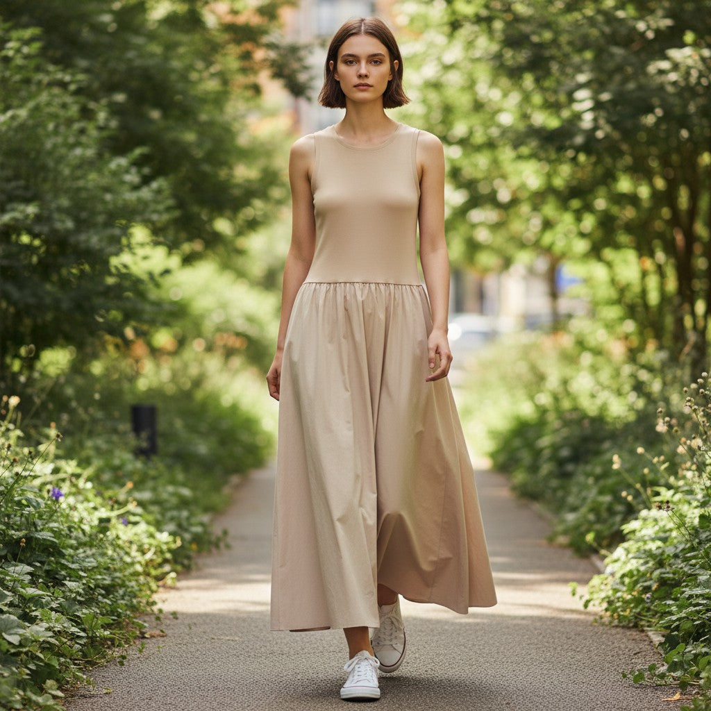 ElegantWear | Women's Midi Dress - Sleeveless A-Line with Defined Waist