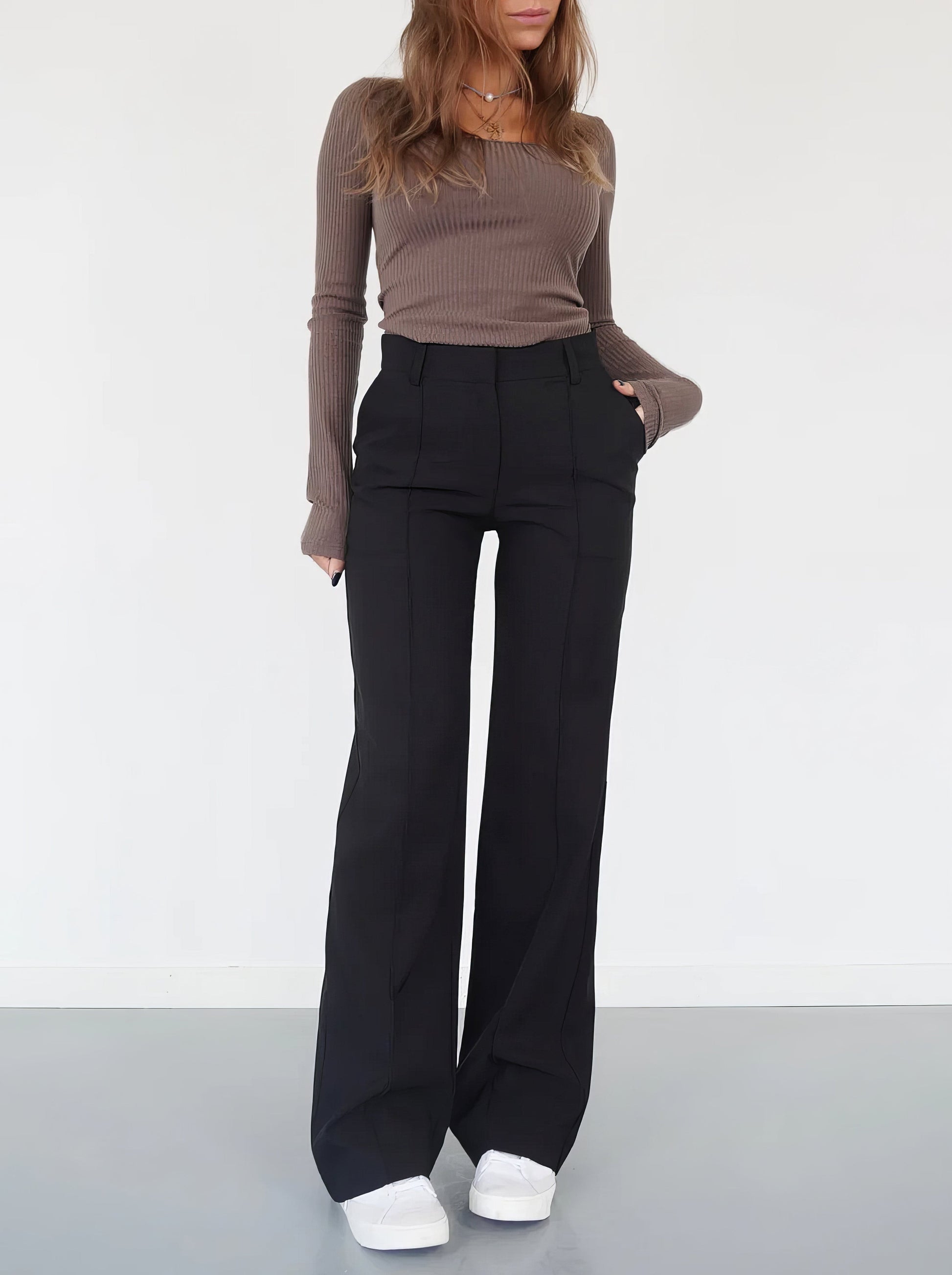 ElegantWear | Women's Wide Leg Pants – Stylish Double Waistband Design 0