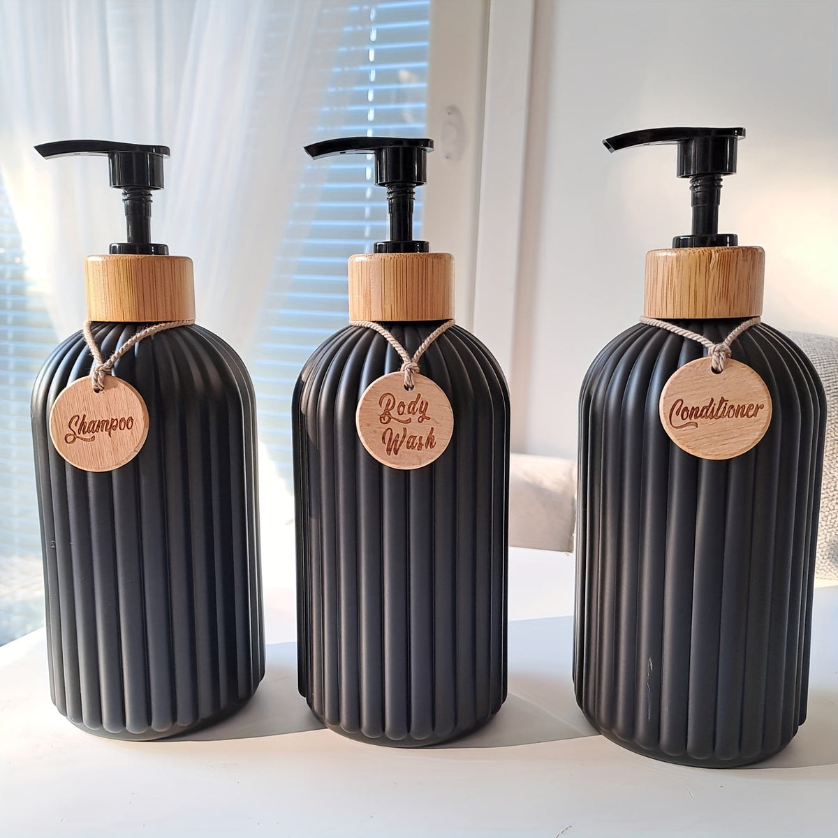 Elegant Refillable Shampoo Bottle Set – 3-Piece Black and White Collection with User-Friendly Pump Dispensers 1
