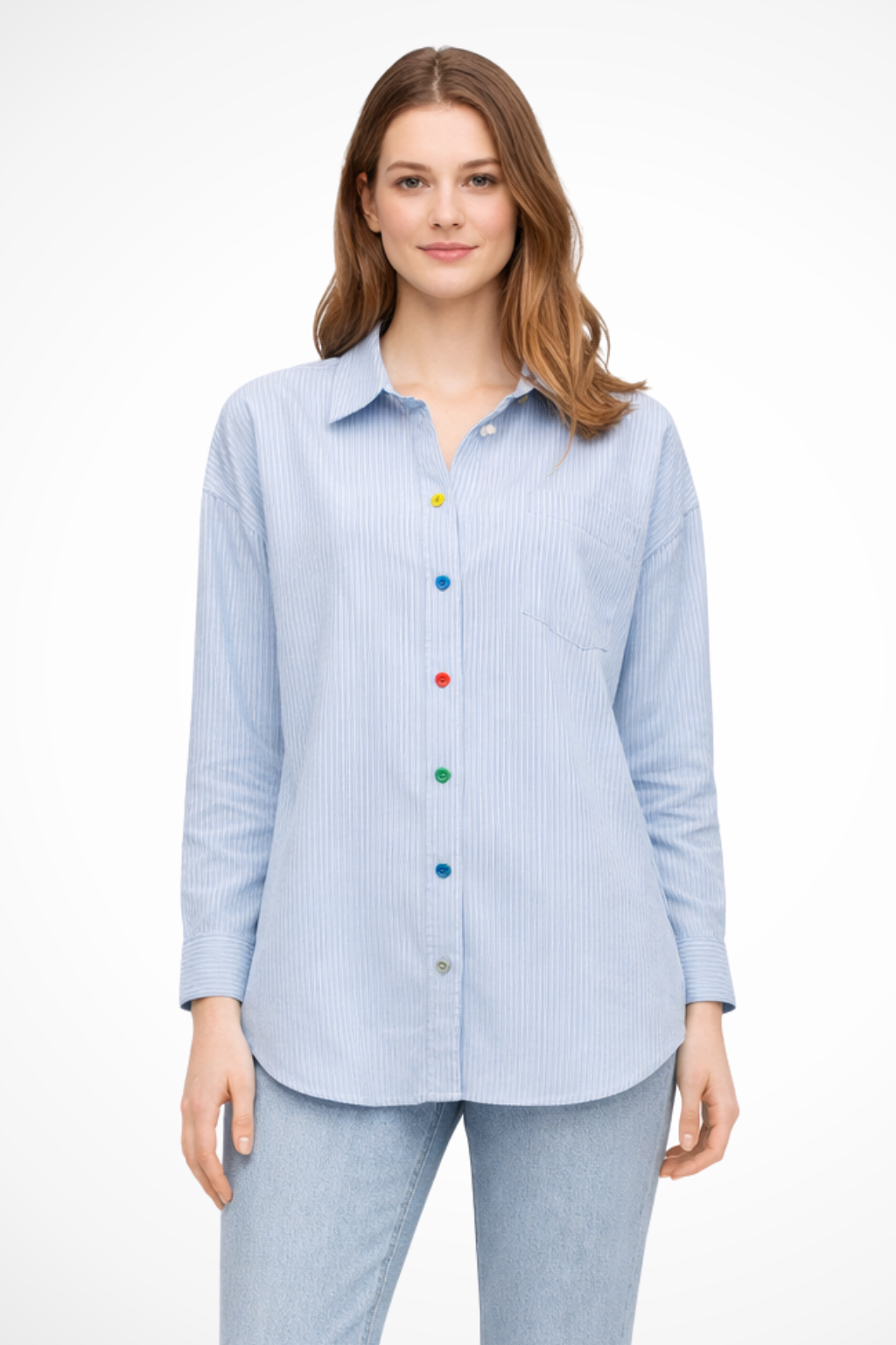 Elodie | Women's Shirt - Striped Denim Oversized Fit with Button Cuffs 0