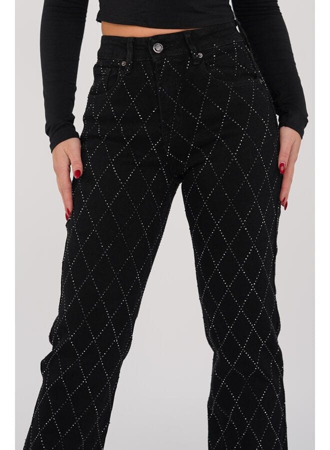 Essential Elegance | Women's Black Jeans – Straight Fit With Diamond Design 0