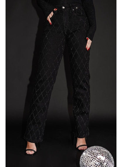 Essential Elegance | Women's Black Jeans – Straight Fit With Diamond Design 6