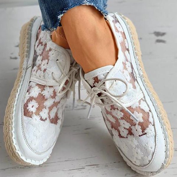 Eva | Women's Shoes - Embroidered Floral Lace Design, Breathable Mesh