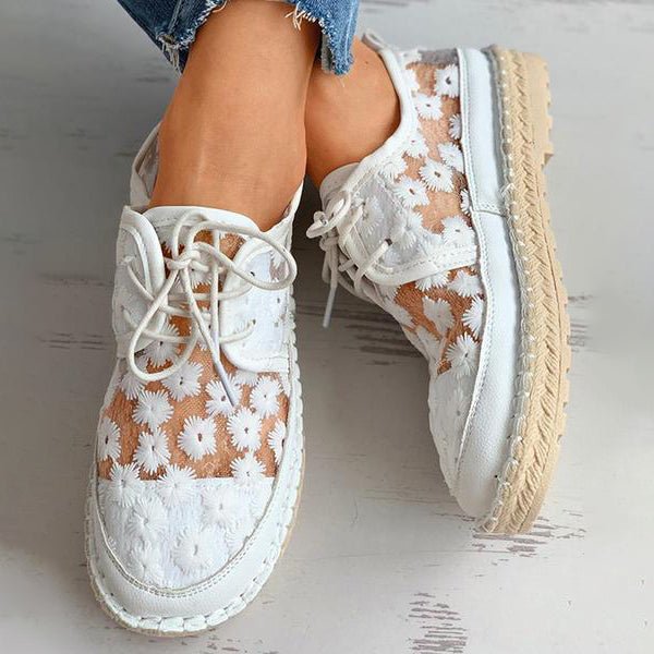 Eva | Women's Shoes - Embroidered Floral Lace Design, Breathable Mesh