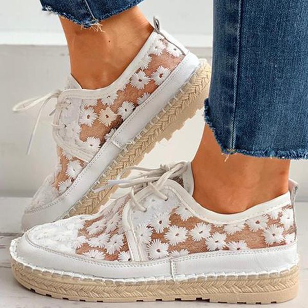 Eva | Women's Shoes - Embroidered Floral Lace Design, Breathable Mesh