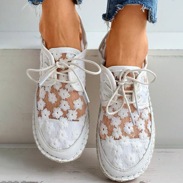 Eva | Women's Shoes - Embroidered Floral Lace Design, Breathable Mesh