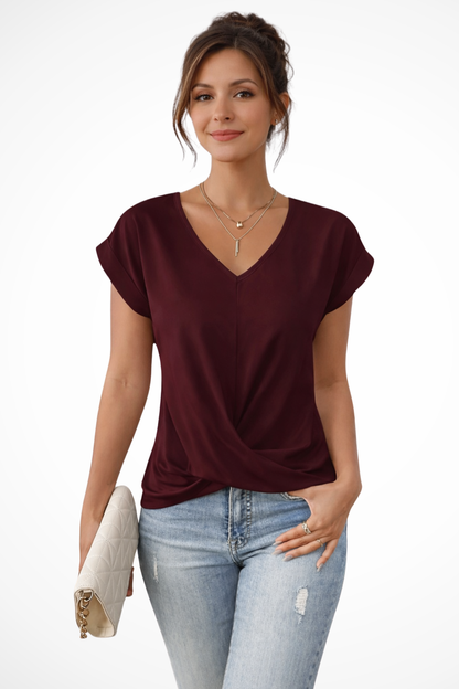 Evelyn | Women's Top - V Neck Twist Hem Short Sleeve Design 0