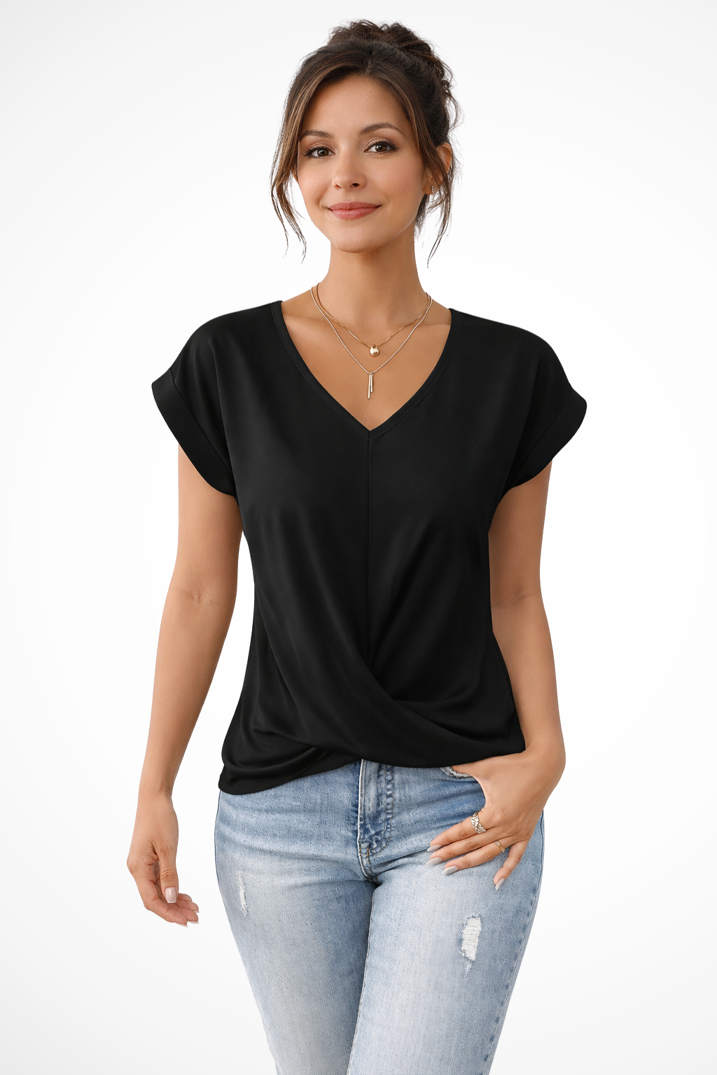 Evelyn | Women's Top - V Neck Twist Hem Short Sleeve Design 4