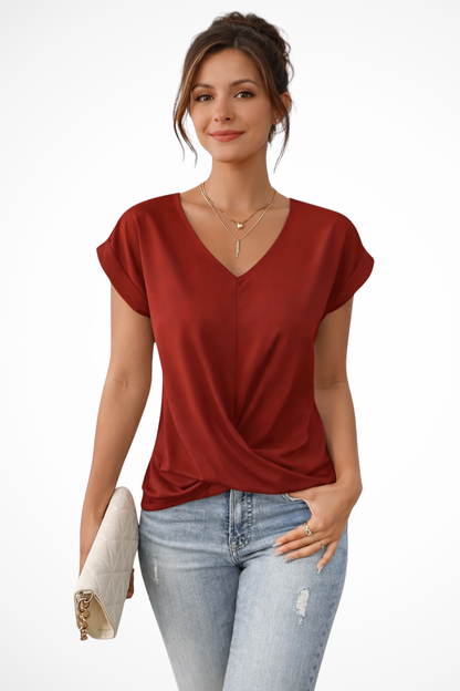 Evelyn | Women's Top - V Neck Twist Hem Short Sleeve Design 6