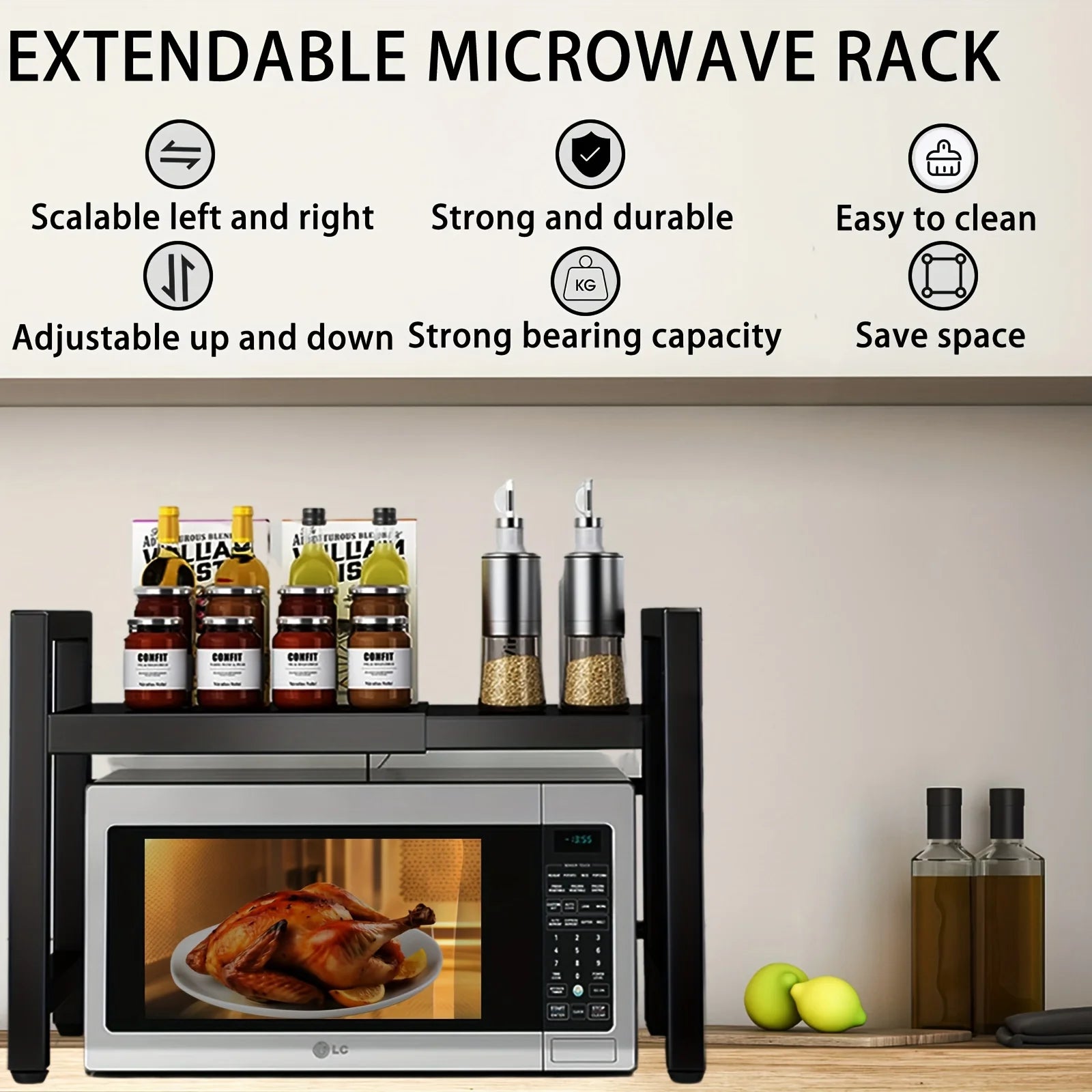 Expandable Microwave Oven Shelf Kitchen Storage Rack with 6 Hooks 2