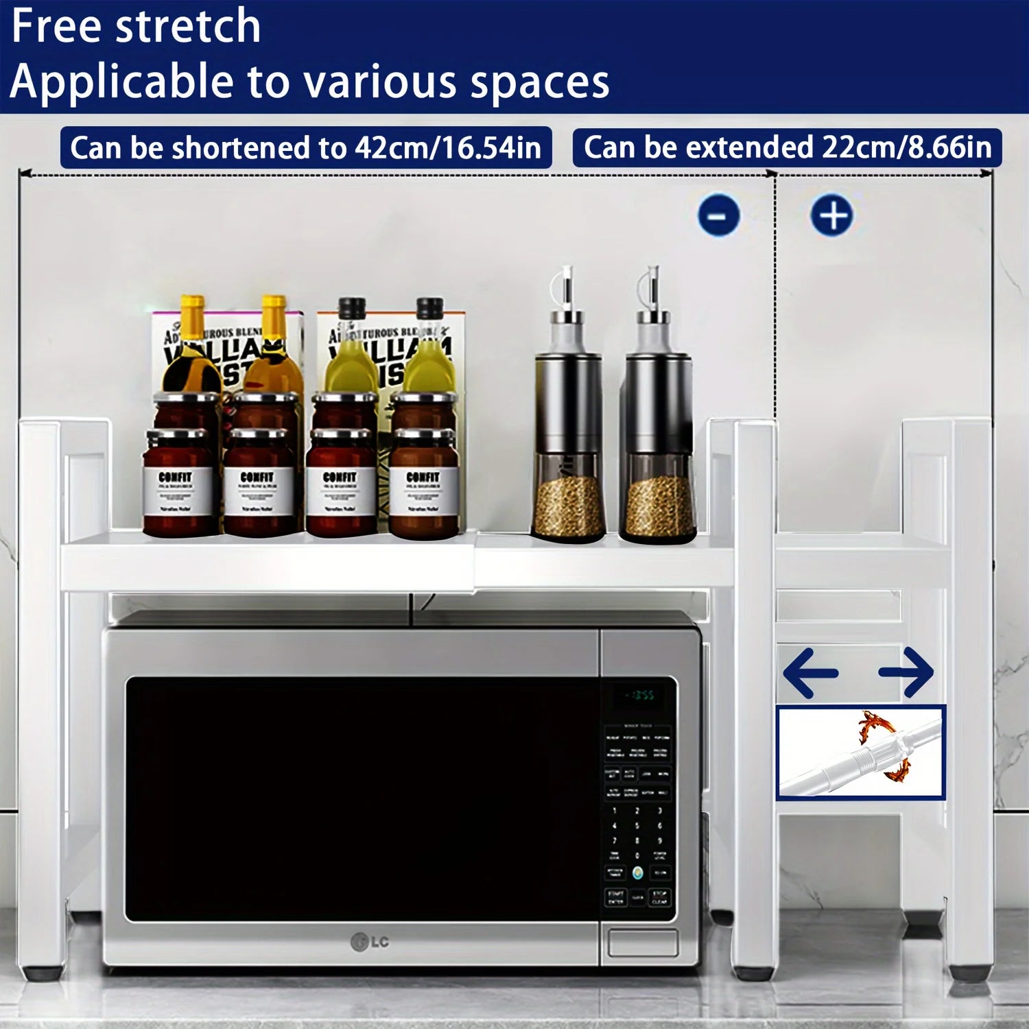 Expandable Microwave Oven Shelf Kitchen Storage Rack with 6 Hooks 3