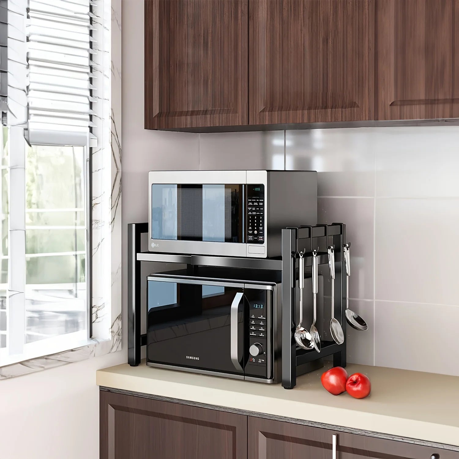 Expandable Microwave Oven Shelf Kitchen Storage Rack with 6 Hooks 4