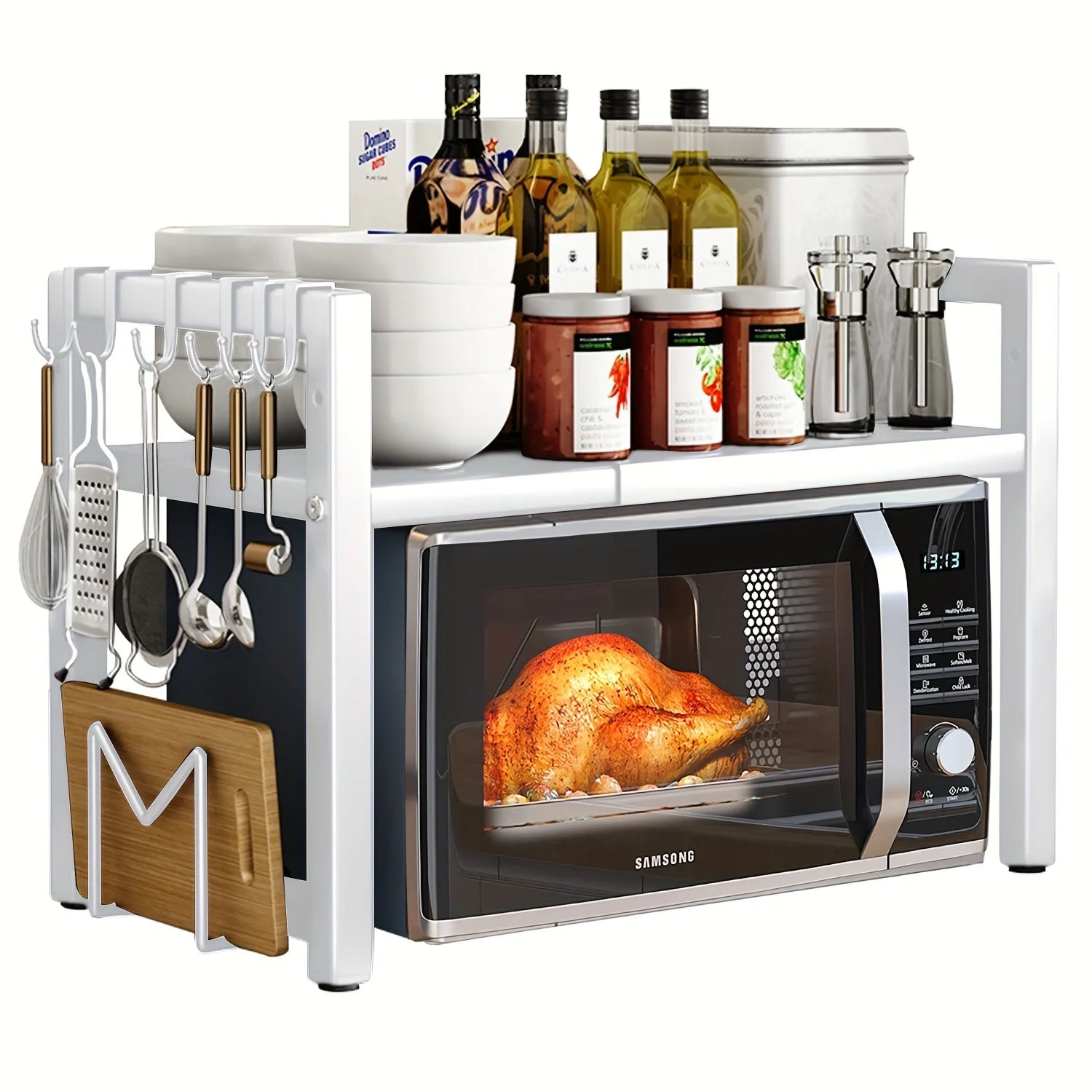 Expandable Microwave Oven Shelf Kitchen Storage Rack with 6 Hooks 7