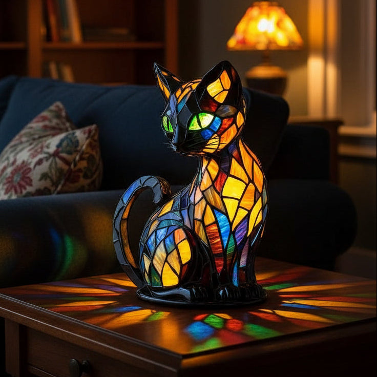 LED Cat Night Light | Stained Glass Effect Table Lamp