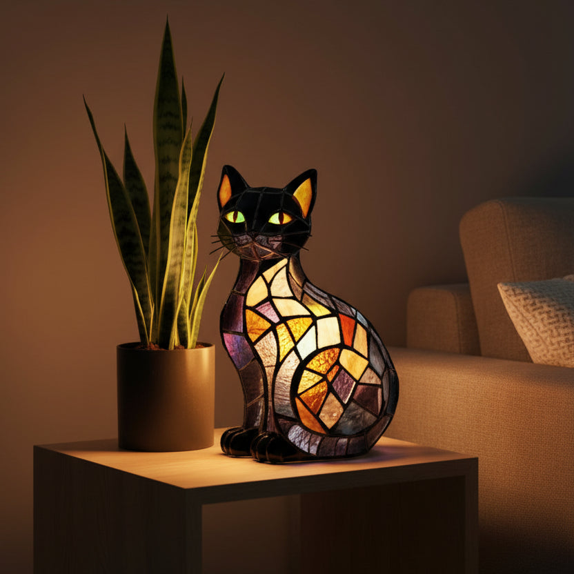 LED Cat Night Light | Stained Glass Effect Table Lamp