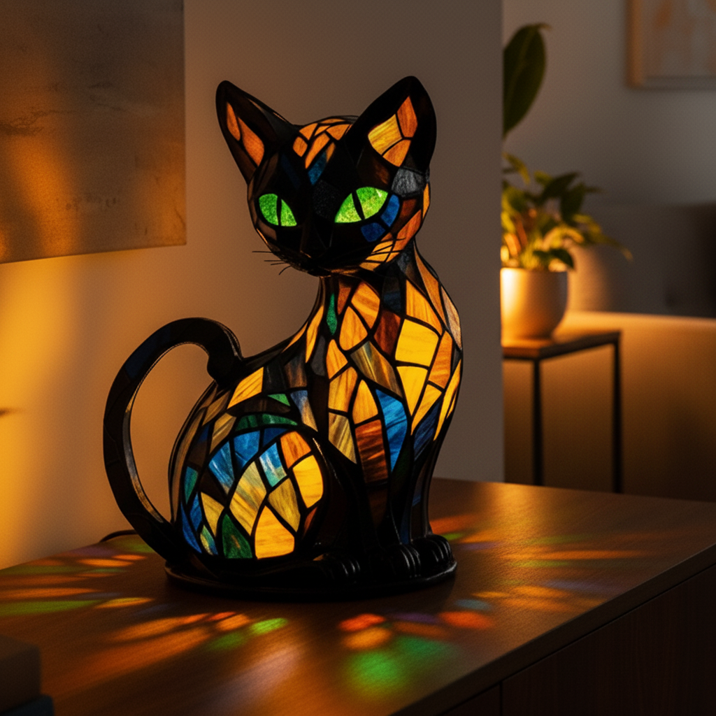 LED Cat Night Light | Stained Glass Effect Table Lamp