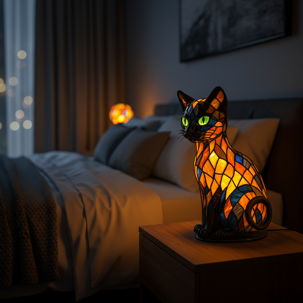 LED Cat Night Light | Stained Glass Effect Table Lamp