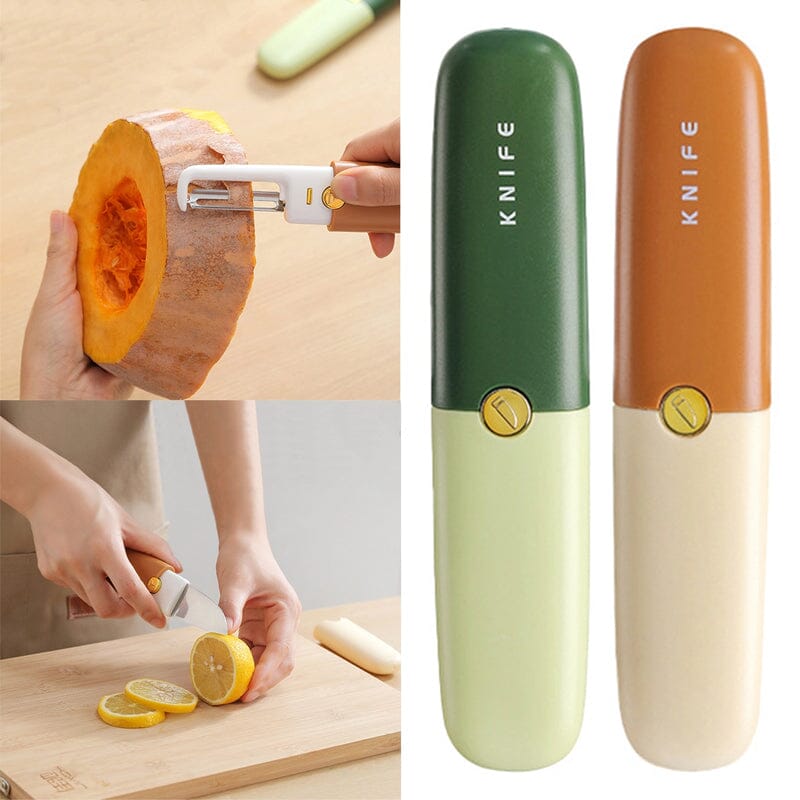 2-in-1 Peeler Cutter Stainless Steel Blade with Protective Sheath | Compact Kitchen Tool | Green, Orange, Grey 3