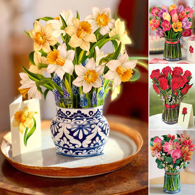 3D Pop-Up Bouquet Greeting Card | Unfolds into a Life-Like Paper Flower Display | Includes Paper Vase & Note Card 2