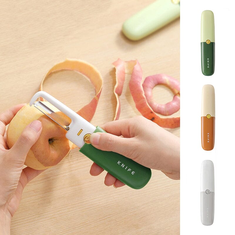 2-in-1 Peeler Cutter Stainless Steel Blade with Protective Sheath | Compact Kitchen Tool | Green, Orange, Grey 2