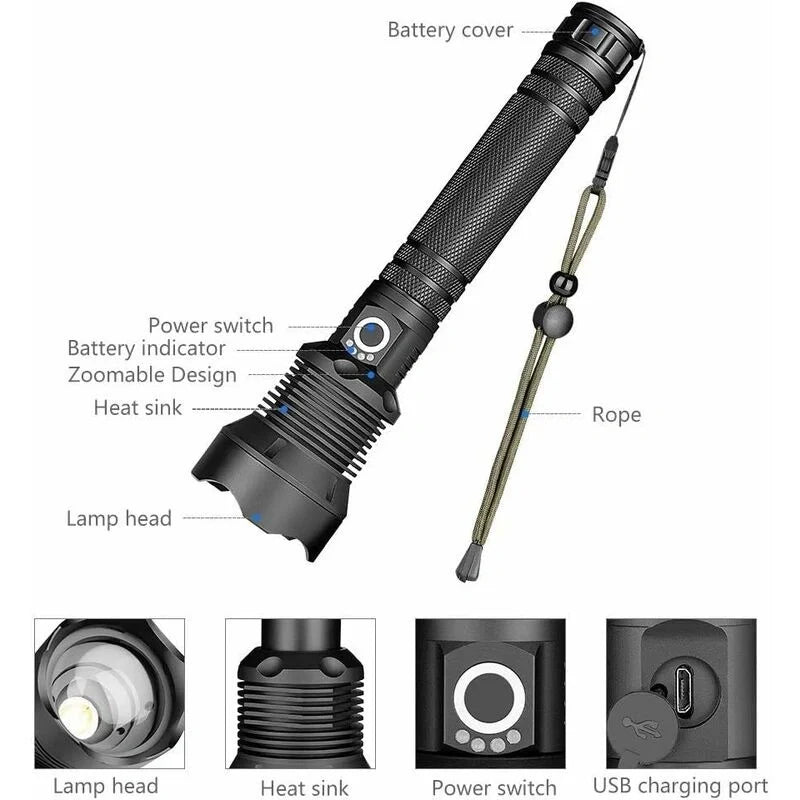Telescopic Zoom Torch | Beam Distance Over 500 Metres | Rechargeable 4000 mAh Battery, USB-C Charging, 7-10 Hour Runtime 8