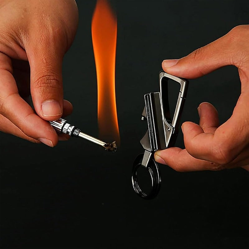 Flame Starter Keychain Zinc Alloy and Steel | 3-in-1 Bottle Opener, Carabiner Clip | Windproof Refillable Kerosene Flame
