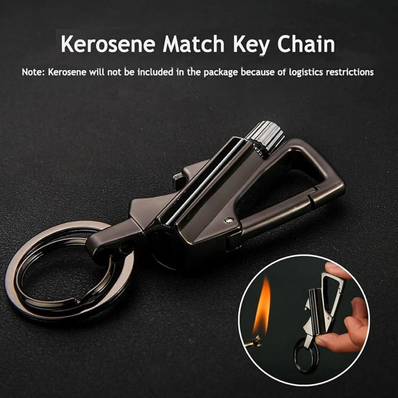 Flame Starter Keychain Zinc Alloy and Steel | 3-in-1 Bottle Opener, Carabiner Clip | Windproof Refillable Kerosene Flame