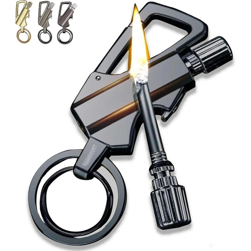 Flame Starter Keychain Zinc Alloy and Steel | 3-in-1 Bottle Opener, Carabiner Clip | Windproof Refillable Kerosene Flame