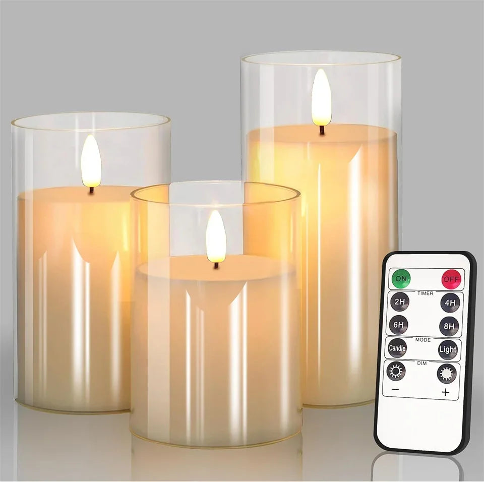 Flameless LED Candles Set of 3 | Realistic Flicker Effect, Shatterproof Glass Design | Remote-Controlled Timer, Safe Cozy Glow