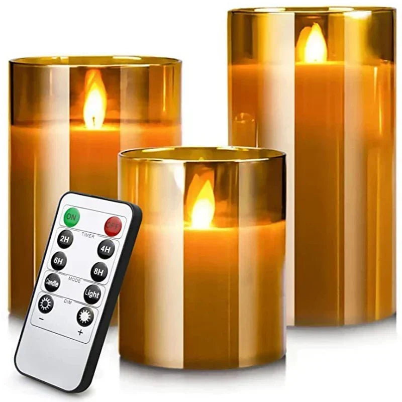 Flameless LED Candles Set of 3 | Realistic Flicker Effect, Shatterproof Glass Design | Remote-Controlled Timer, Safe Cozy Glow