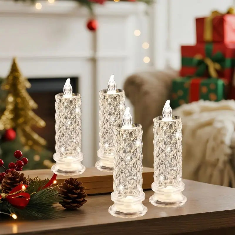 Flameless LED Candles Set of 4 | Sparkling Crystal Effect & Shifting Glow | Weatherproof for Indoor and Outdoor Use